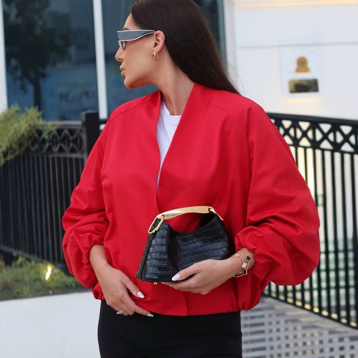 Damen kurz geschnittene Oversize-Wickeljacke mit Ballonärmeln Drune