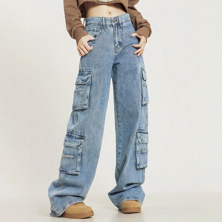 Damen Weite Cargo-Denim-Jeans mit mehreren Klapptaschen und relaxed Fit Drune