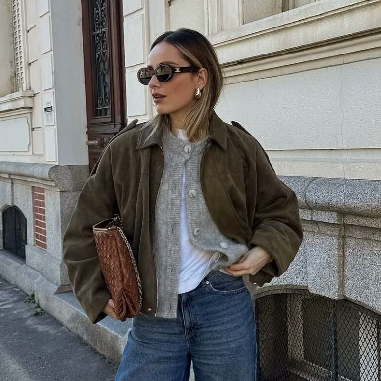 Damen Oversize-Suedejacke mit Schulterklappen, verdeckter Knopfleiste und elastischem Saum Drune