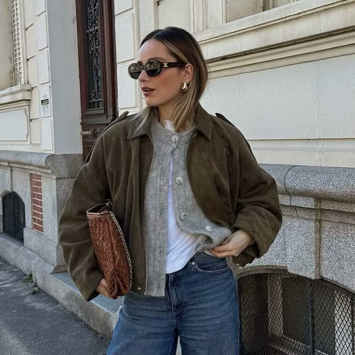 Damen Oversize-Suedejacke mit Schulterklappen, verdeckter Knopfleiste und elastischem Saum Drune