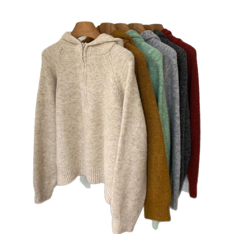 Damen bequemer Hoodie-Pullover mit halbem Reißverschluss und Puffärmeln Drune