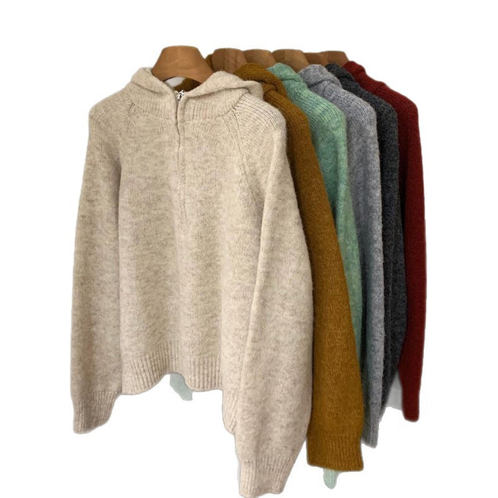Damen bequemer Hoodie-Pullover mit halbem Reißverschluss und Puffärmeln Drune