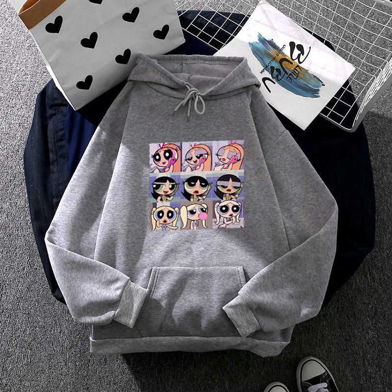 Damen nan lässiger Kapuzenpullover mit quadratischem Cartoon-Collageprint weiches Fleece Innenfutter und aufgesetzter Kängurutasche Drune