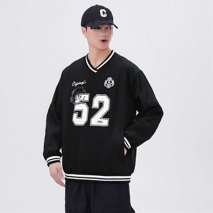 Herren Oversize V‑Ausschnitt Sportsweatshirt im College‑Look mit gestreiften Bündchen Drune