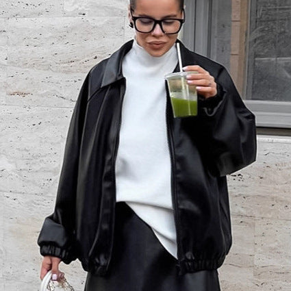 Damen modische Kunstlederjacke im lässigen Oversized-Schnitt Drune