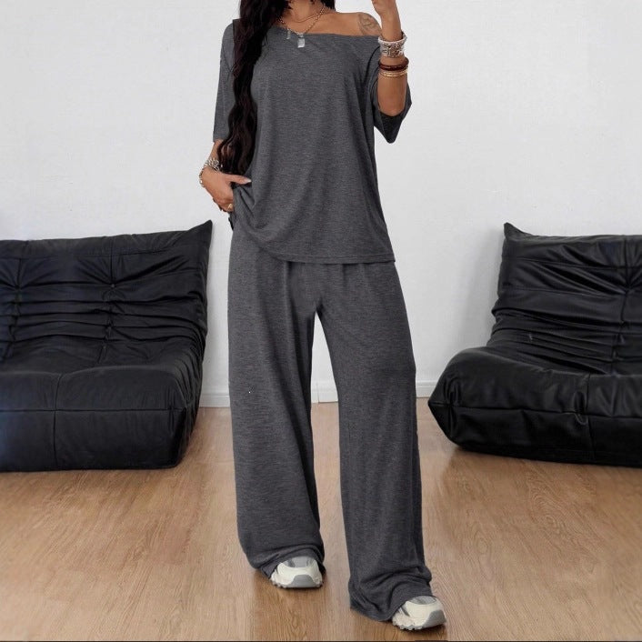Damen Lässiges Lounge-Set aus weichem Jersey mit weiter Palazzohose und schulterfreiem Oversize-Top Drune