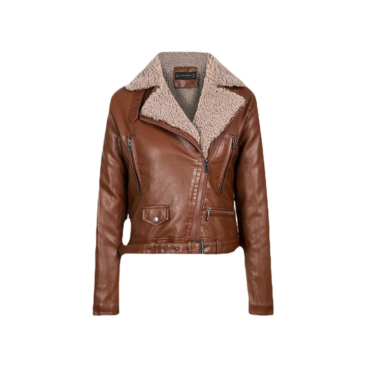 Damen stylische Lammfell-Bikerjacke mit doppeltem Reißverschluss und taillierbarem Gürtel Drune