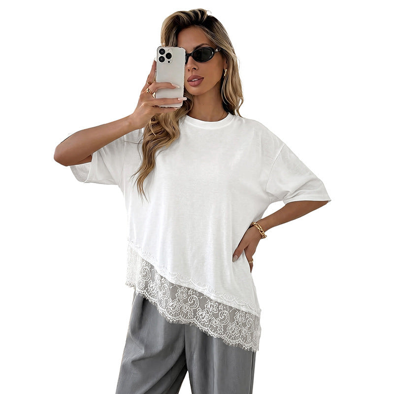 Damen Elegantes T-Shirt mit Spitzenrand Drune
