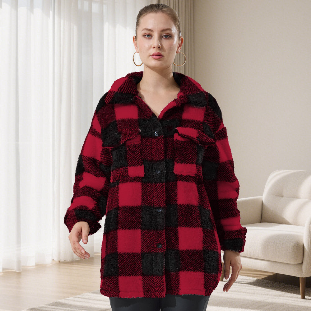 Damen Oversized Teddy-Hemdjacke mit Karomuster Drune