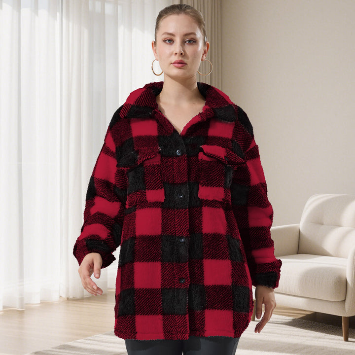 Damen Oversized Teddy-Hemdjacke mit Karomuster Drune