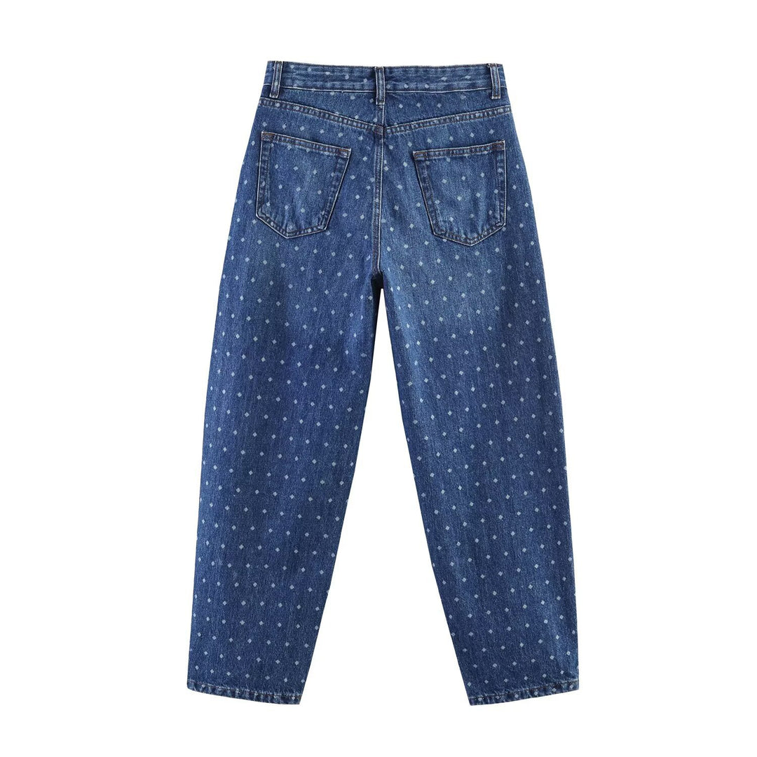 Damen High‑Waist Mom‑Jeans mit tapered Bein und dezentem Punkte‑Print Drune