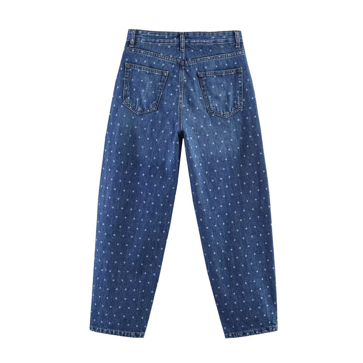 Damen High‑Waist Mom‑Jeans mit tapered Bein und dezentem Punkte‑Print Drune