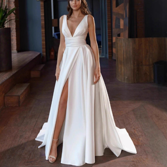 Damen elegantes Hochzeitskleid mit tiefem V-Ausschnitt und seitlichem Schlitz Drune