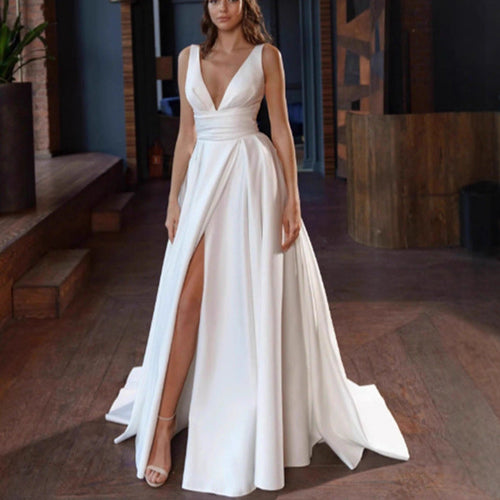 Damen elegantes Hochzeitskleid mit tiefem V-Ausschnitt und seitlichem Schlitz Drune