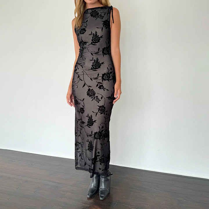 Damen Elegantes Maxikleid mit floralem Spitzenmuster und ärmellosem Design Drune
