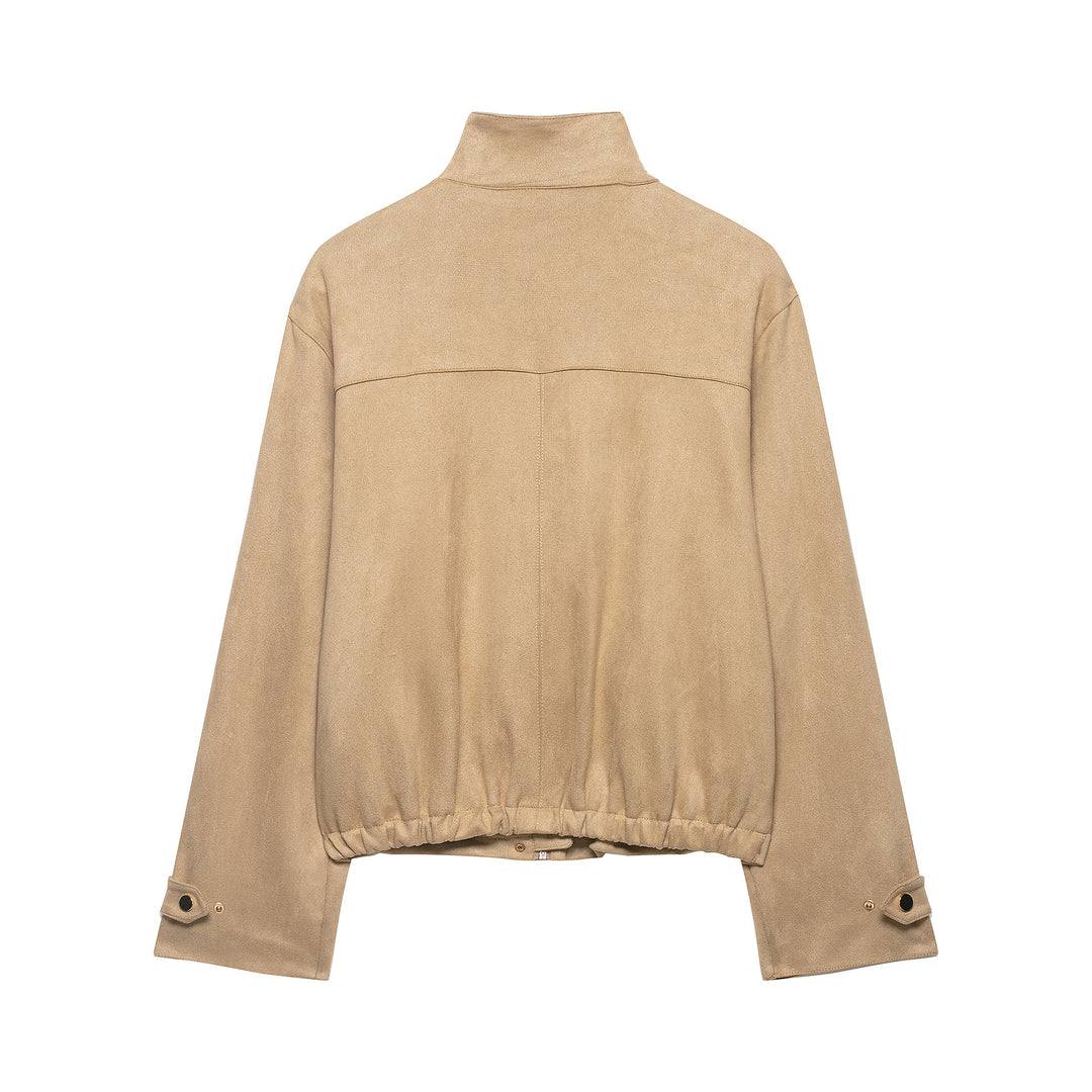 Damen Kurze Velours-Imitatjacke mit Stehkragen, Druckknopfleiste und aufgesetzten Taschen Drune