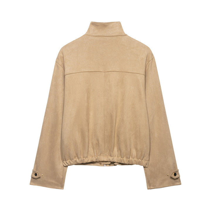 Damen Kurze Velours-Imitatjacke mit Stehkragen, Druckknopfleiste und aufgesetzten Taschen Drune