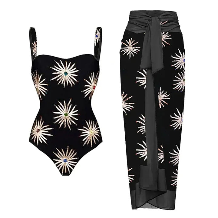 Damen Elegantes asymmetrisches Bikini-Set mit funkelndem Blumendesign Drune