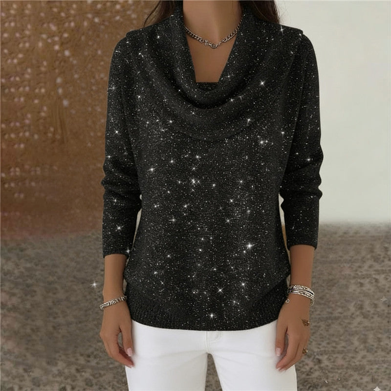 Damen Glitzernder Strickpullover mit Wasserfall-Ausschnitt Drune
