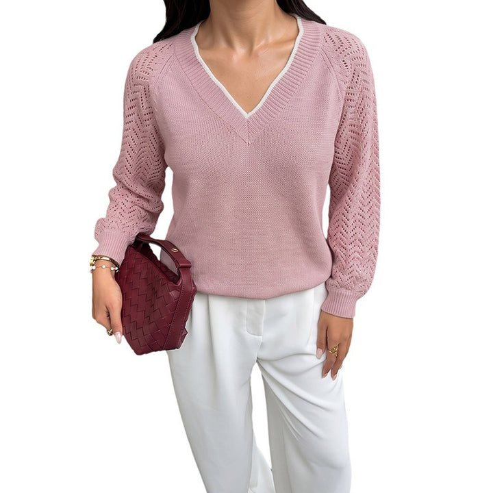 Damen Feinstrickpullover mit tiefem V-Ausschnitt, Ajour‑Ärmeln und geripptem Saum Drune