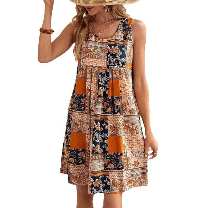 Damen Freizeitleinenkleid mit buntem Patchwork-Design Drune
