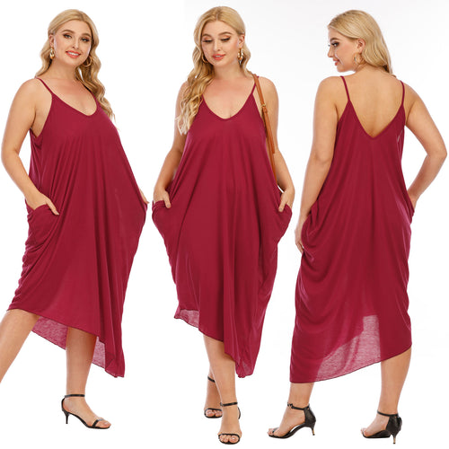Damen lässiges Maxikleid mit tiefem V-Ausschnitt und Seitentaschen Drune