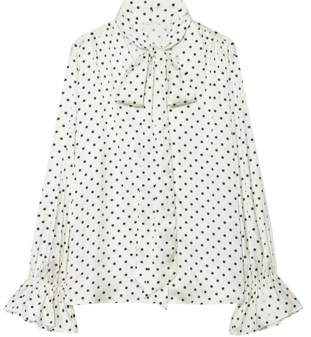 Damen Seidenoptik‑Bluse mit Schleifenkragen und Volantmanschetten Drune