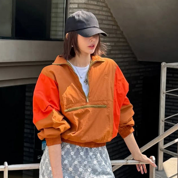 Damen Kurz geschnittene zweifarbige Halbzip-Utility-Jacke mit elastischem Saum und Reißverschlusstasche Drune