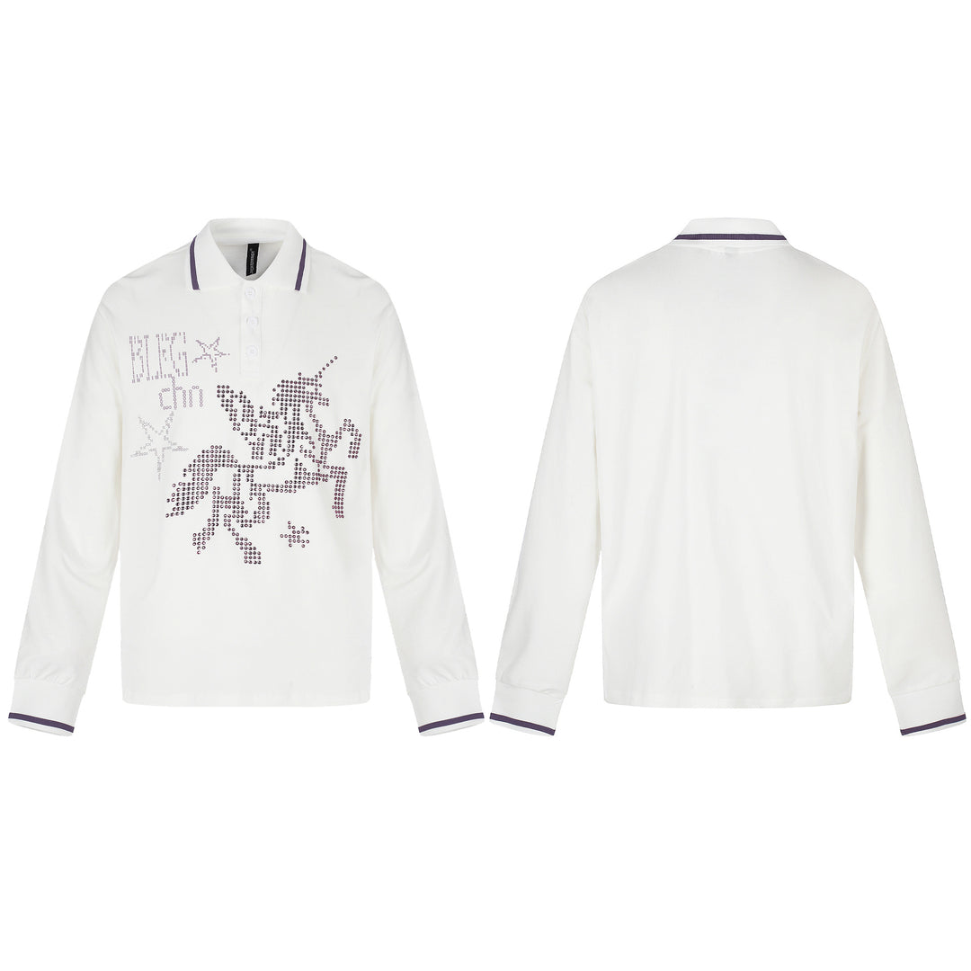 Damen Langarm-Poloshirt mit Strass-Applikation und kontrastierenden Bündchen Drune