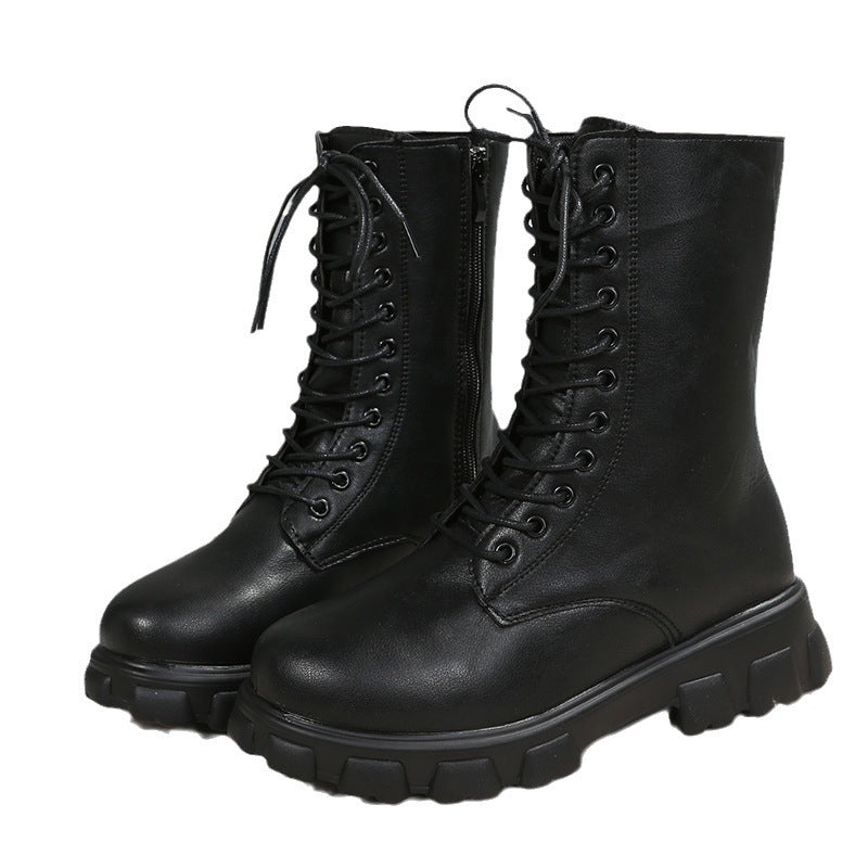Damen Plateau-Bikerboots mit seitlichem Reißverschluss, Schnürung und markanter Profilsohle Drune