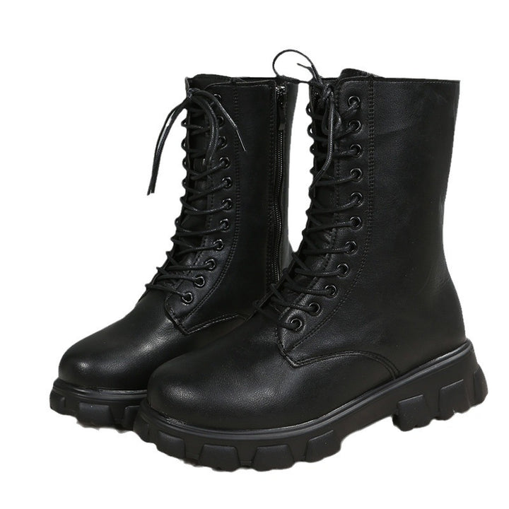 Damen Plateau-Bikerboots mit seitlichem Reißverschluss, Schnürung und markanter Profilsohle Drune