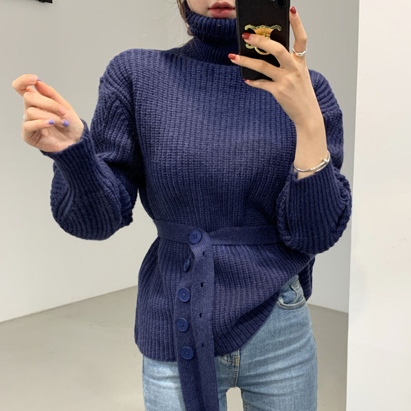 Damen Grobstrickpullover mit hohem Kragen und taillierbarem Gürtel Drune