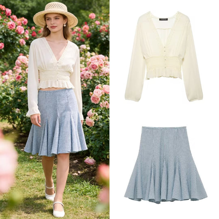 Damen Zarte Langarm‑Bluse aus Crinkle‑Chiffon mit tiefem V‑Ausschnitt, Smok‑Taille und Volantsaum Drune