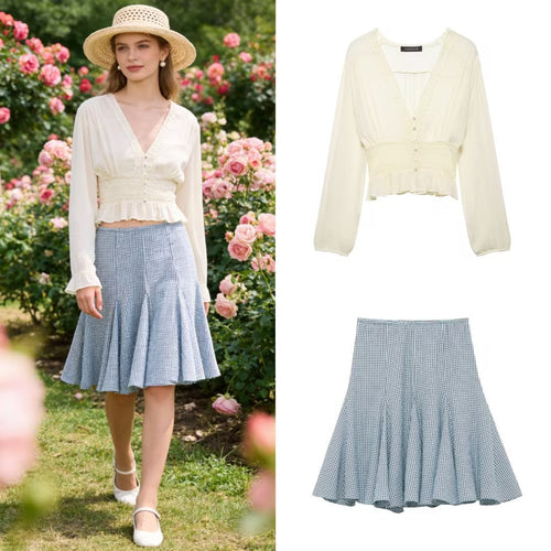 Damen Zarte Langarm‑Bluse aus Crinkle‑Chiffon mit tiefem V‑Ausschnitt, Smok‑Taille und Volantsaum Drune