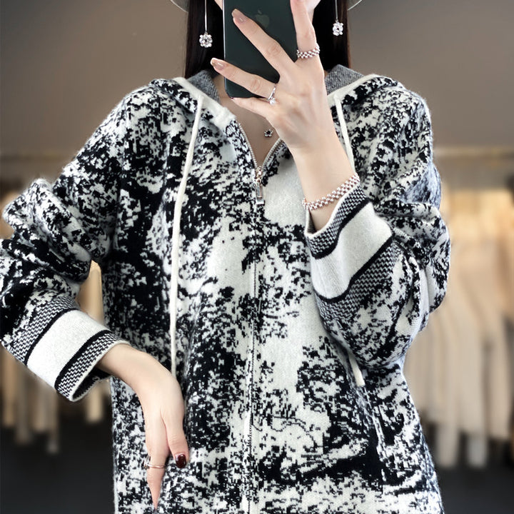 Damen Oversize Jacquard-Strickjacke mit Kapuze und Reißverschluss Drune