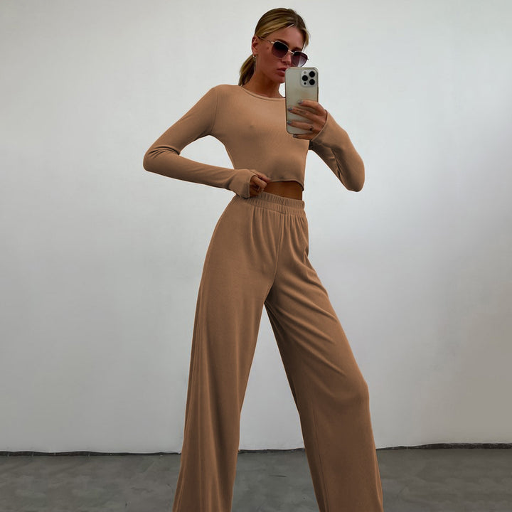 Damen geripptes Cropped-Langarmshirt mit U-Boot-Ausschnitt und High-Waist Palazzo-Hose Drune