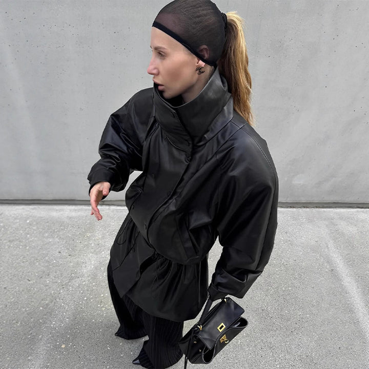 Damen Kunstlederjacke mit modischem Oversized-Schnitt und taillierbarem Gürtel Drune