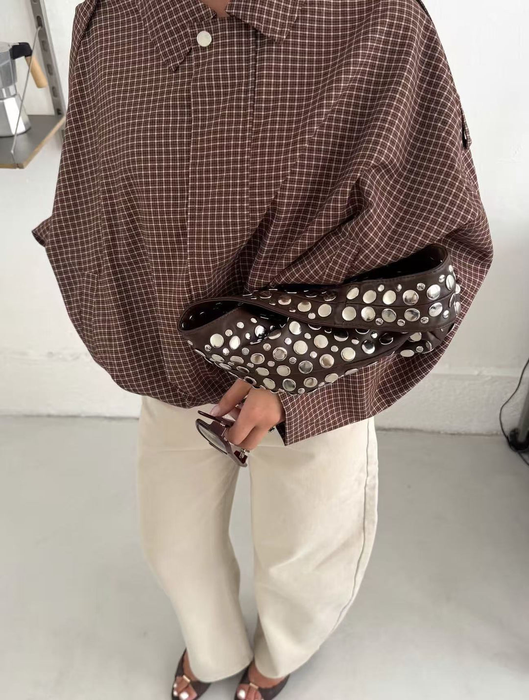 Damen Oversize karierte Bluse mit Fledermausärmeln und verdeckter Knopfleiste Drune