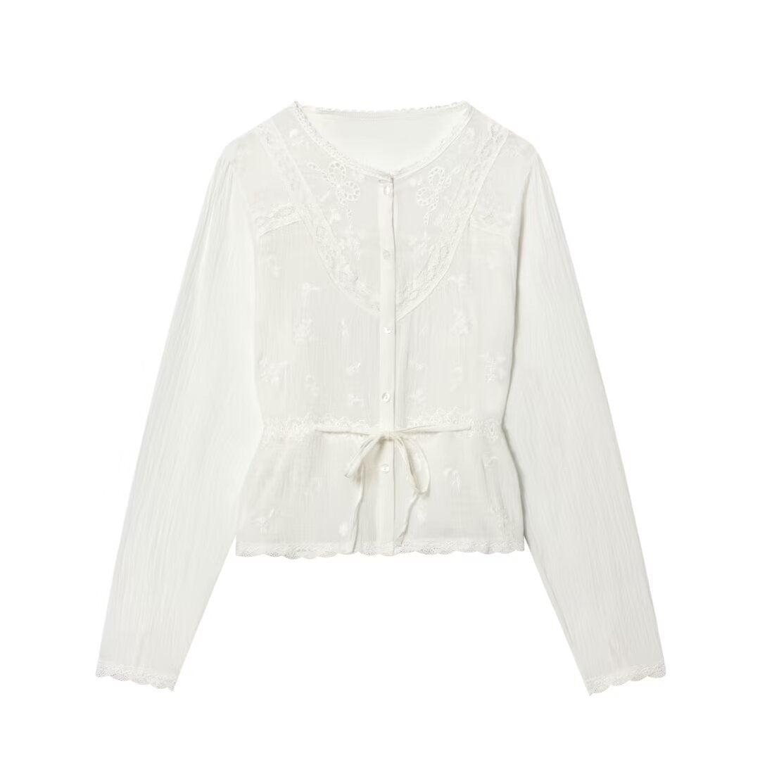 Damen Leichte Stickerei‑Bluse mit Spitzenkragen, Bindeband‑Taillierung und Knopfleiste Drune