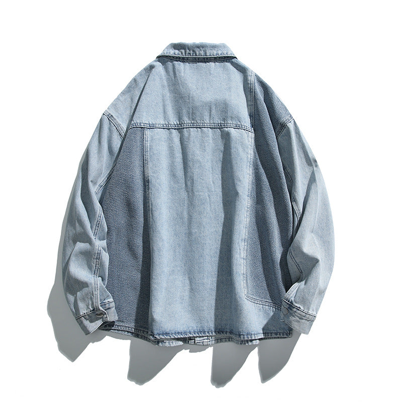 Unisex Oversize-Jeansjacke mit kontrastreichen Webpaneelen und Druckknopfverschluss Drune