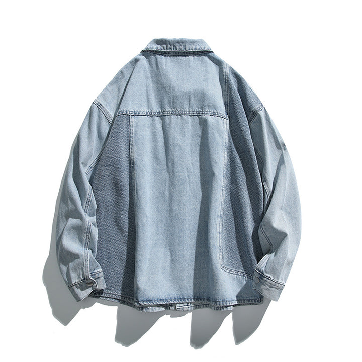 Unisex Oversize-Jeansjacke mit kontrastreichen Webpaneelen und Druckknopfverschluss Drune