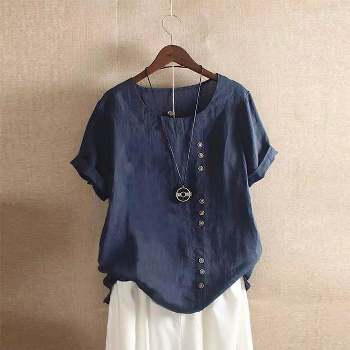 Damen lässige Leinenbluse mit umschlagbaren Ärmeln und Knopfdetails Drune