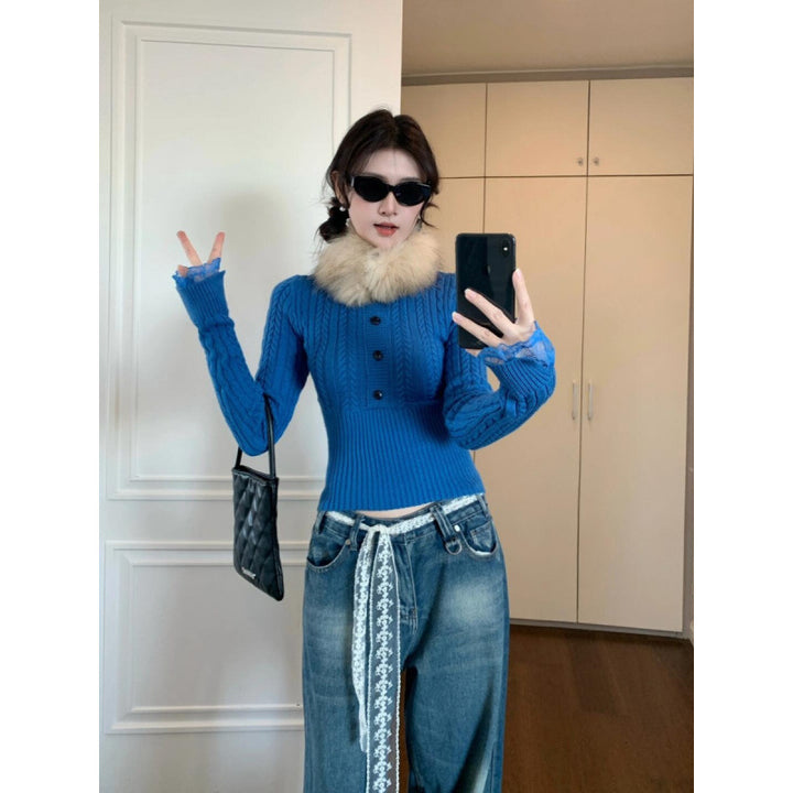 Damen Strickpullover mit raffiniertem Zopfmuster und romantischen Spitzenärmeln Drune
