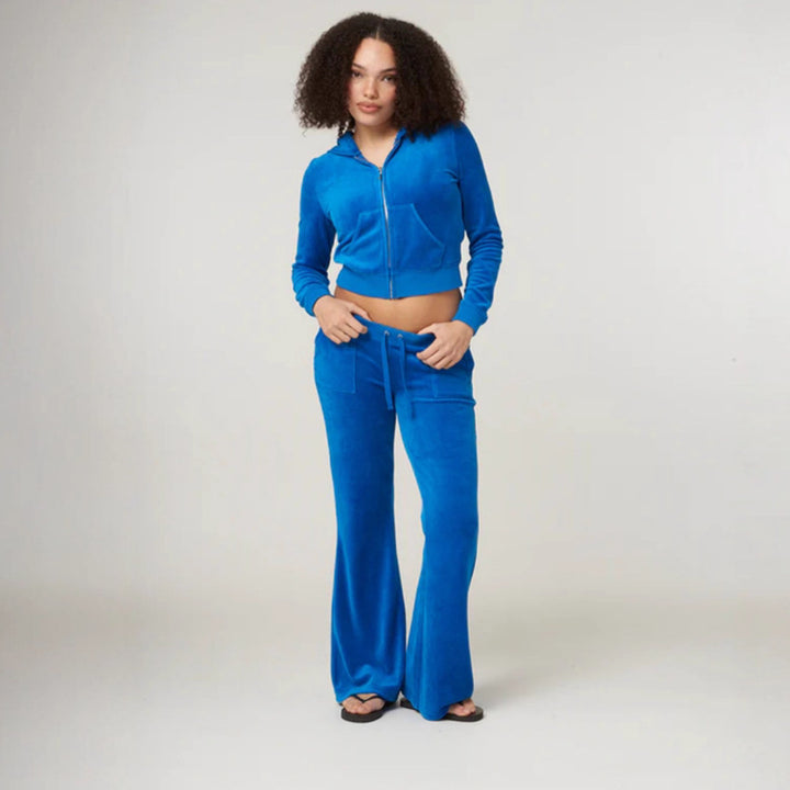 Damen Samtvelours Cropped-Zipjacke mit Kängurutasche und hochgeschnittener Bündchenhose Drune
