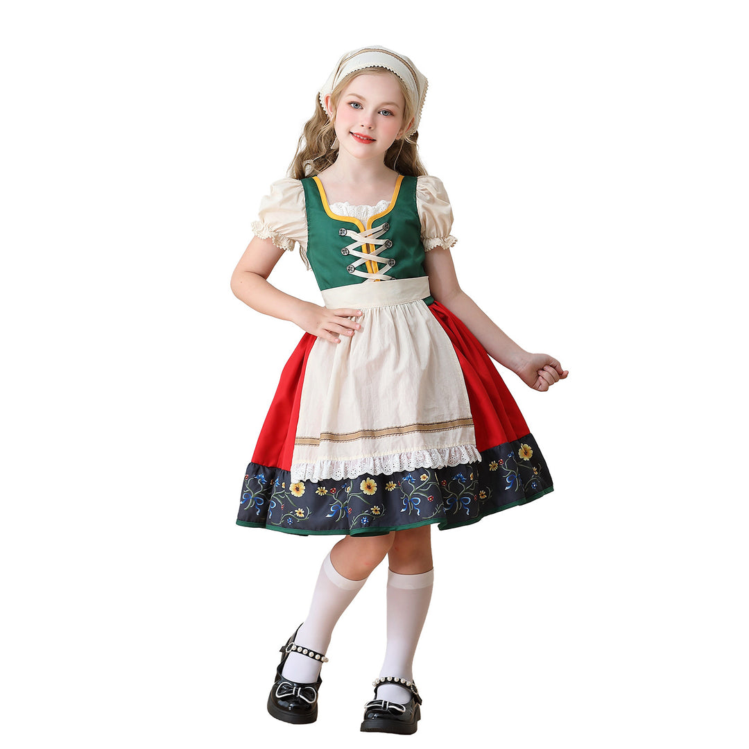 Damen nan traditionelles Kinderdirndl Kleid mit dekorativer Schnürung Schürze und Spitzenkopftuch Drune