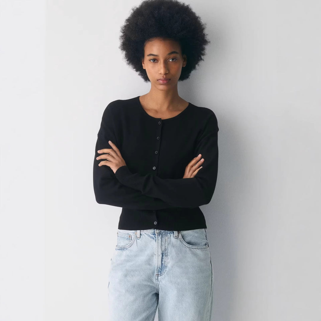 Damen Cropped Strickjacke mit Knopfleiste und Rippstrick Drune