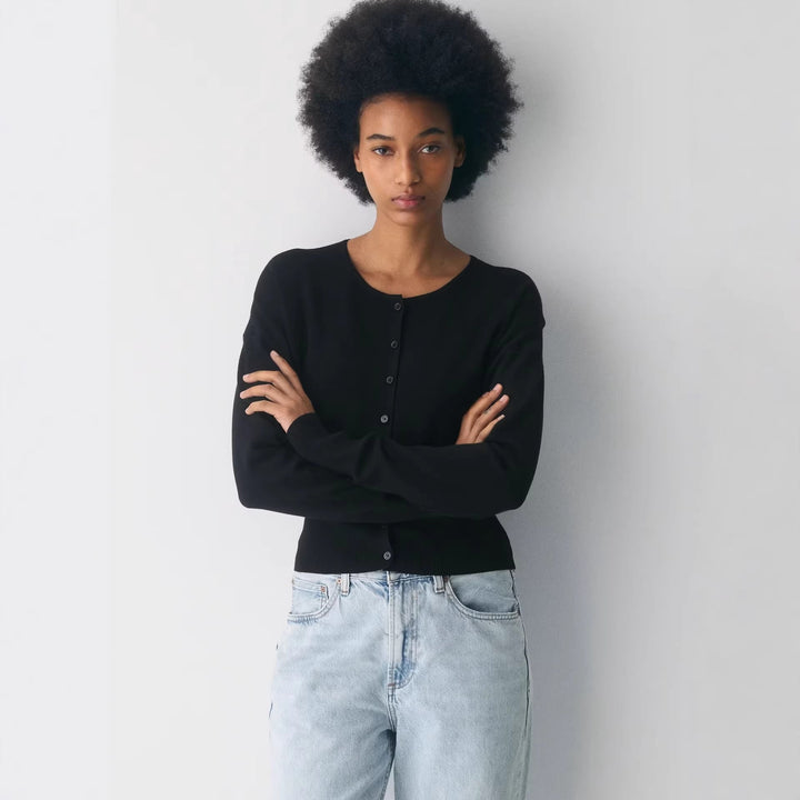Damen Cropped Strickjacke mit Knopfleiste und Rippstrick Drune
