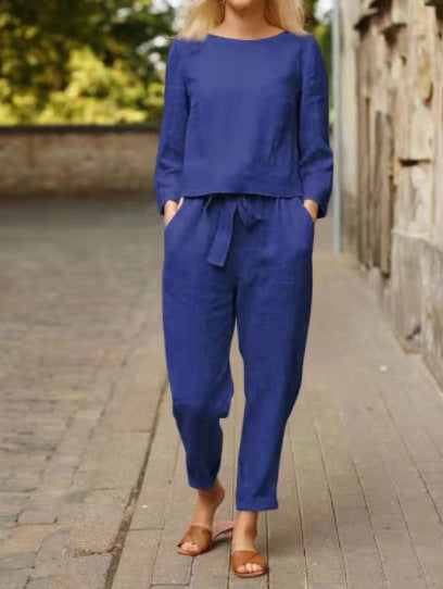 Damen Lässiges Leinen-Loungewear-Set mit Rundhalsausschnitt, Bindegürtel und knöchellanger Hose Drune