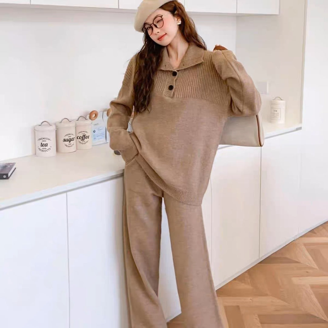 Damen Strickanzug mit dekorativen Knopfdetails und weitem Schnitt Drune