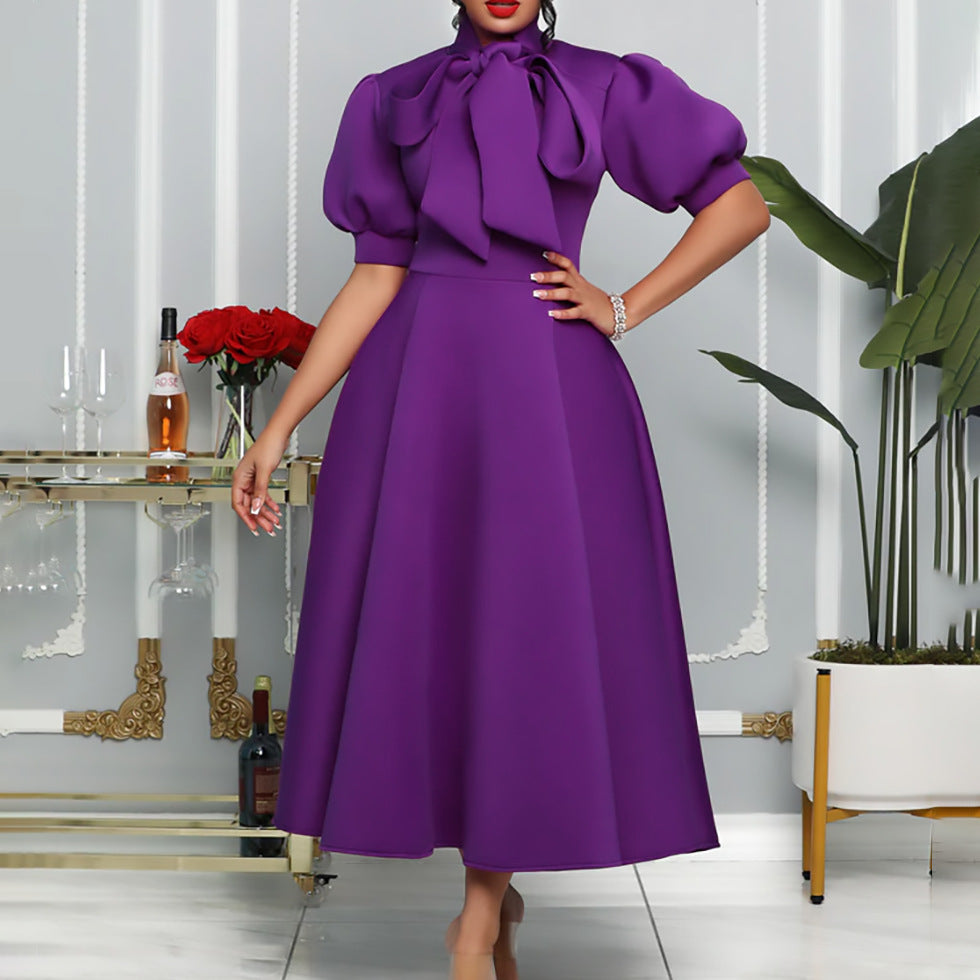 Damen Elegantes Midi-Kleid mit Puffärmeln und Bindegürtel Drune